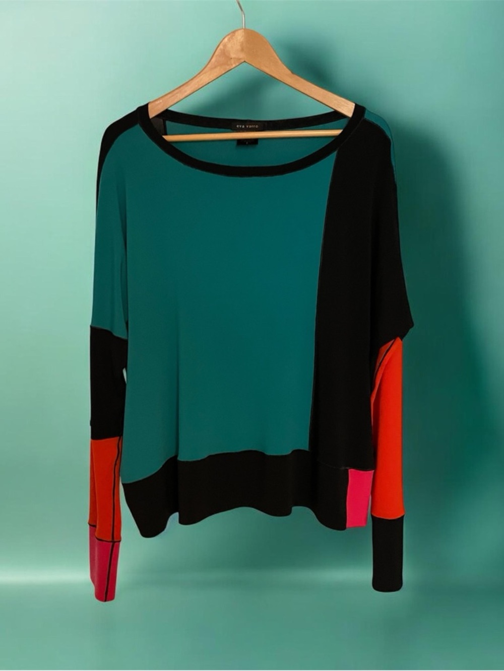 Eva Varro Teal and Black Colorblock Long Sleeve Top sz L